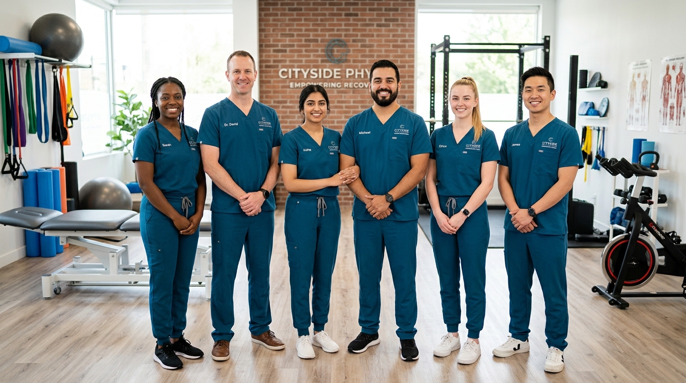 Equipe de fisioterapeutas da Clínica Vitalys reunidos na sala de reabilitação